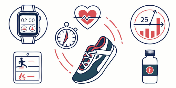 Illustration of various health and fitness tracking devices and activities Vector