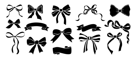 Fototapeta premium Collection of black silhouette bows and ribbon banners in various styles, isolated on transparent background for decorative design use.