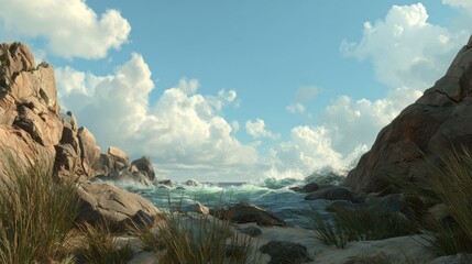 Fototapeta premium Scenic Coastal Landscape with Rocks, Waves, and Blue Sky Under Fluffy Clouds by the Seashore