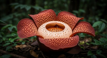A close-up macro shot of the giant Rafflesia arnoldii flower in full bloom in the Bengkulu rainforest, the massive red and white petals, flies buzzing around, dark jungle background.