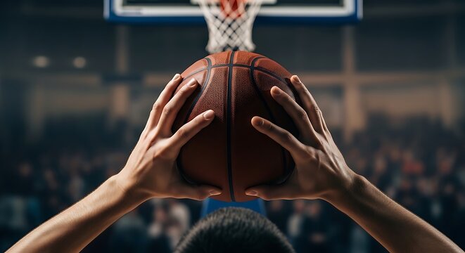 A close-up of a basketball player's hands and the ball just before a free throw, with the hoop and crowd blurred in the background, tension and focus, 4k.
