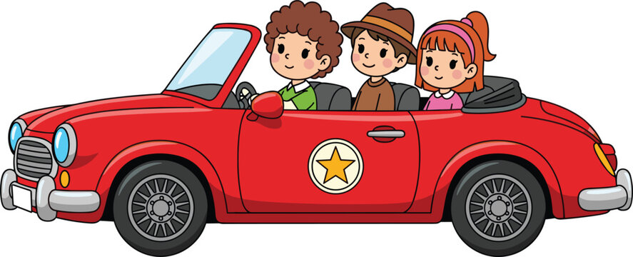 Cartoon children riding in red convertible car illustration with star emblem, cheerful playful artwork for education, entertainment, transportation, and creative design themes