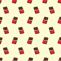 Vector seamless cute pattern with chocolate bars in red packaging on a yellow background