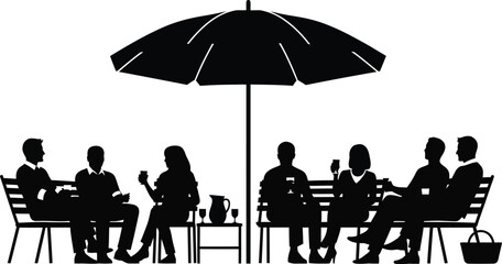A black silhouette depicts people dining outdoors under a parasol perfect for design work on transparent background silhouette high quality professional © Ashik