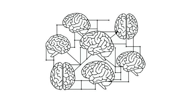 Abstract network of interconnected human brains symbolizing knowledge and thought.