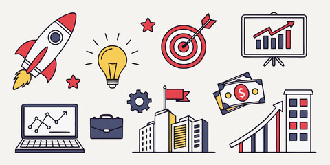 Illustration of various business and marketing icons representing growth and success. Vector