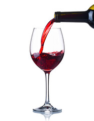 Red wine pouring into a glass isolated on transparent background