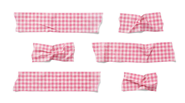 set of pink and white checkered gingham washi tape pieces, wrinkled and applied, isolated on a transparent background, for creative crafting and design.