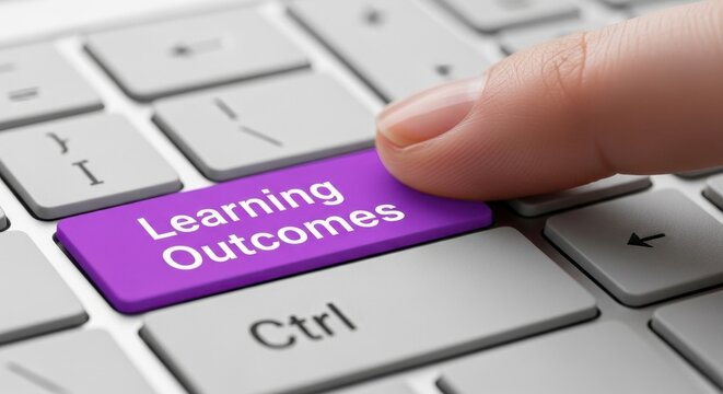 Macro Close-up of Finger Pressing Purple "Learning Outcomes" Key on Modern White Keyboard for Education and Academic Achievement Concepts