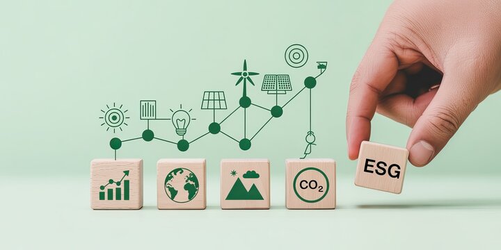 Hand places E S G block on wooden cubes with environmental icons