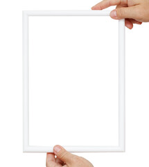 A white frame with a white background. A person is holding the frame.