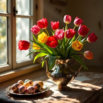 Primavera e pasqua: composizione con vaso di tulipani con uova di pasqua decorate