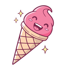 Vector illustration of a pink ice cream character with happy emotions in a waffle cone