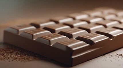 Smooth and Delicious Milk Chocolate Bar with Textured Surface and Cocoa Powder on Neutral Background