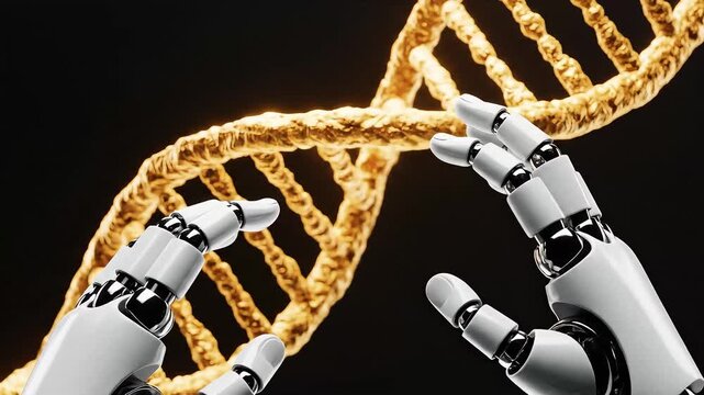 Robotic hands hovering beneath a glowing gold DNA structure