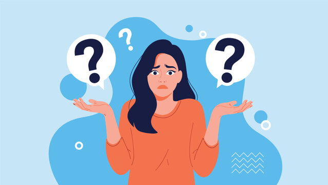 Confused woman in an orange shirt shrugs her shoulders while question marks appear in speech bubbles next to her.