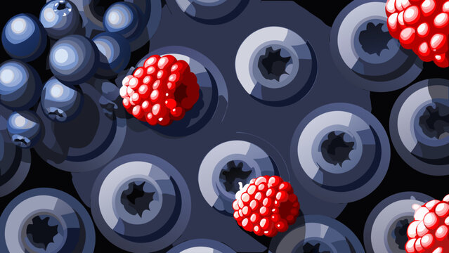 Vector abstract background with blueberries and raspberries on a dark blue circular pattern