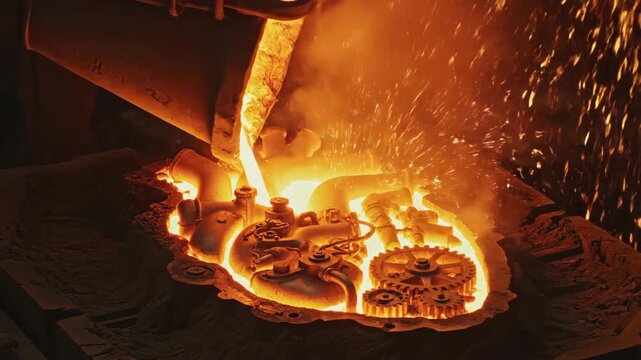 Molten metal is poured into a mold to create a heart shape with intricate gears inside. Sparks fly and steam rises in a close-up view of an industrial foundry process.