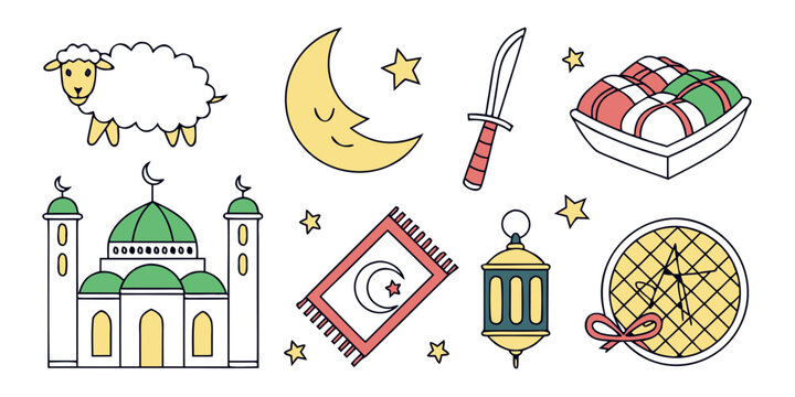 Diverse cultural and religious symbols including a mosque, star, crescent, and more. Vector