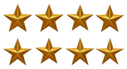 Obraz premium A collection of nine golden stars arranged in a horizontal line. isolated on transparent background