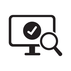Success search icon with a computer monitor, checkmark, and magnifying glass. Concept for verified results, completed audit, system approval, and finding the right solution.