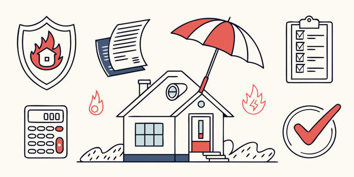 Illustration of various icons representing home insurance and protection Vector