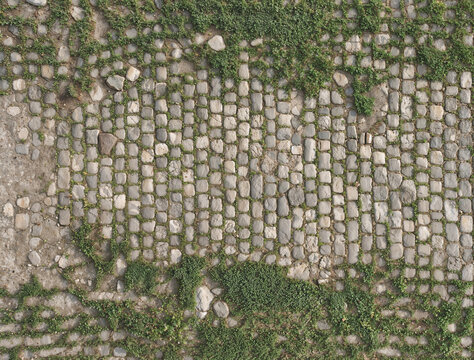 Overhead view of cobblestone pathway with grass and small stones between gaps, forming a rustic outdoor ground texture