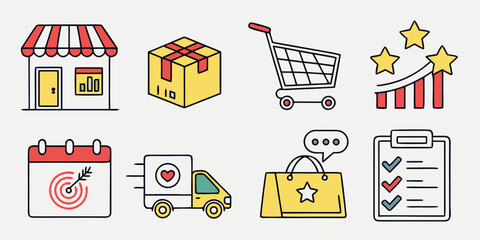 A vibrant collection of icons representing various aspects of retail and shopping. Vector © zon