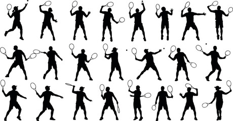 Fototapeta premium Collection of professional tennis player silhouettes in various action poses like serving volleying and hitting backhand shots for sports design