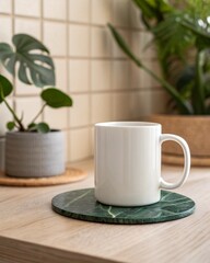 Mockup of a white ceramic mug on a green stand in a kitchen with lots of plants