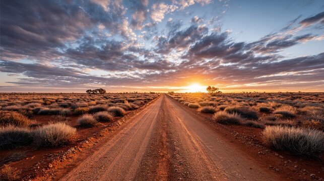 Scenic desert road leading towards the setting sun under a dramatic sky