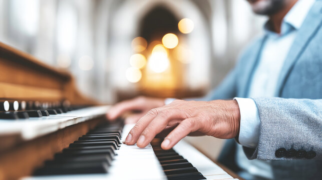 Male organ player performing a classical piece on a large pipe organ, hands moving skillfully over the keyboards