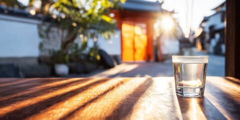 Naklejka premium Glass of fresh water standing on a wooden surface, casting shadows from warm morning light with a blurry Japanese street