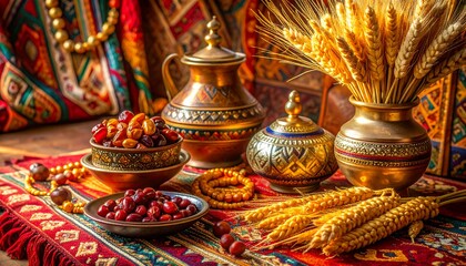 Obraz premium Exotic still life with dates, wheat, and ornate vessels evoking cultural richness
