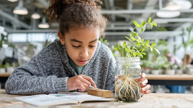 Young child observing plant roots growing in a glass jar while taking notes