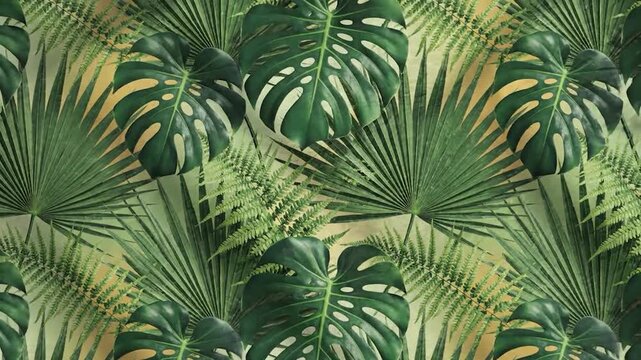 Seamless pattern of tropical green leaves like monstera and palm.