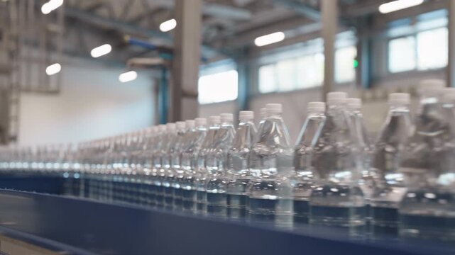 Unlabeled Bottled Water On The Production Line Moving Along A Conveyor System In The Factory. - closeup shot