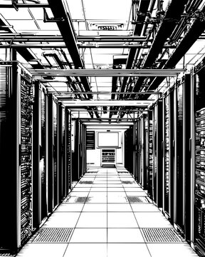 Server room with cooling pipes and overhead metal cable tray units, vector design