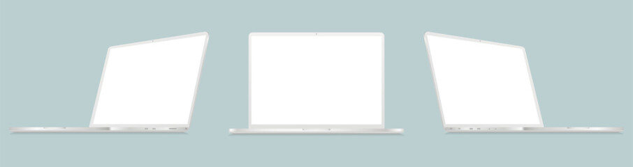 White laptop front and side view with blank screen isolated