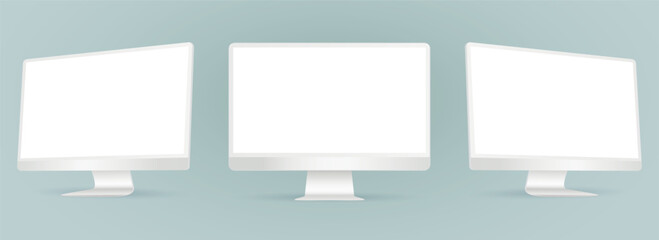 Three monitor with empty display, white device screen mockup.