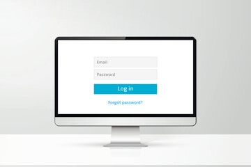 Login form on computer screen. Fields for name and password. Sign Up and Sign In forms.