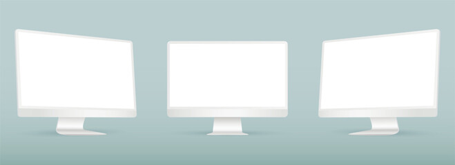 Realistic computer screen mockup. White computer display on three sides with blank screen.