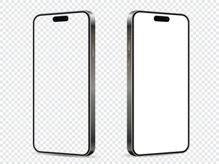Realistic smartphone mockup. Front and side view with white and empty screen on transparent background.