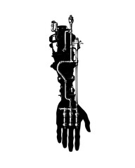 Naklejka premium Steam-powered prosthetic arm with visible brass joints and valves, vector illustration art