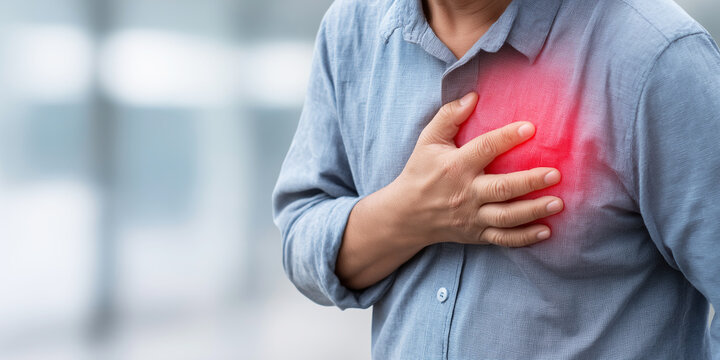 Man experiencing severe chest pain, feeling discomfort, suffering heart attack or cardiac arrest with red spot indicating hurt location