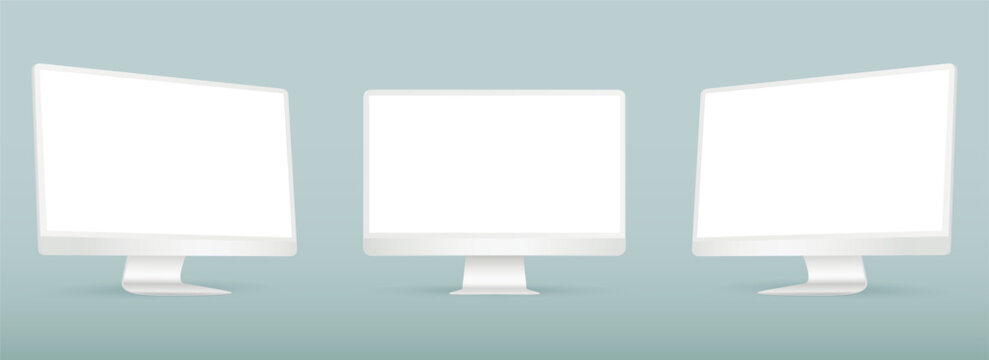 Realistic computer screen mockup. White computer display on three sides with blank screen.