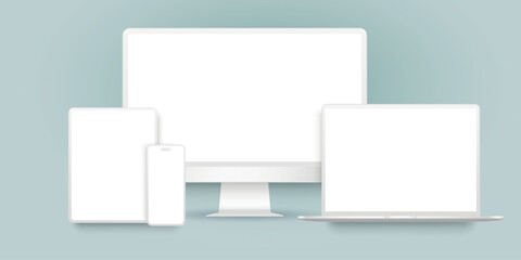 Technology devices with empty display. PC Monitor, Laptop, Tablet, Smartphone in white color