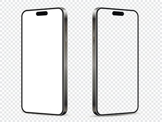 Mobile phone mockup. Front and side view with white and empty screen on transparent background.