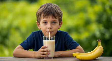 Boy drinking banana shake from glass outdoors symbolizing healthy lifestyle and freshness