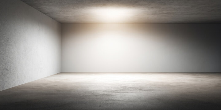 Empty concrete room featuring a bright light source on the ceiling, illuminating the textured back wall and floor in a minimalist design